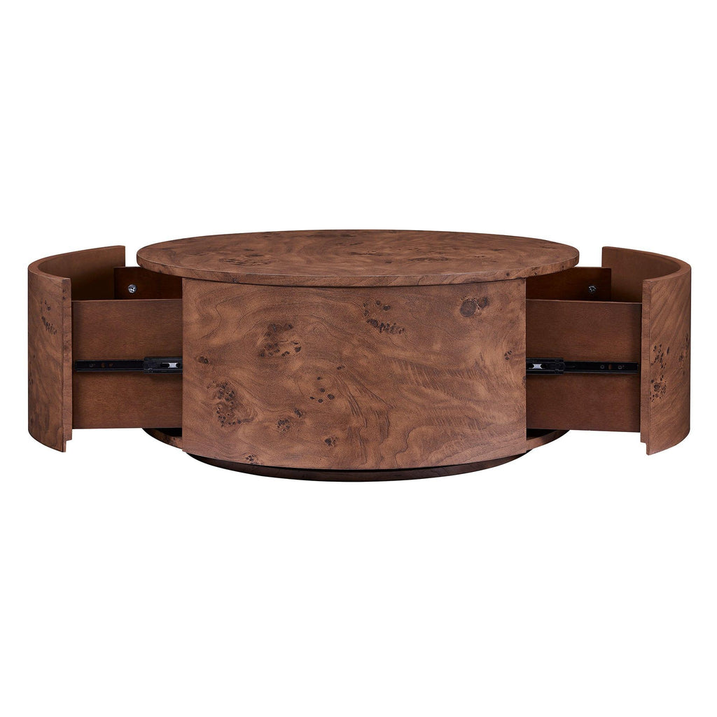 Burl Wood Coffee Table with Drawers - 360° Rotating Top.