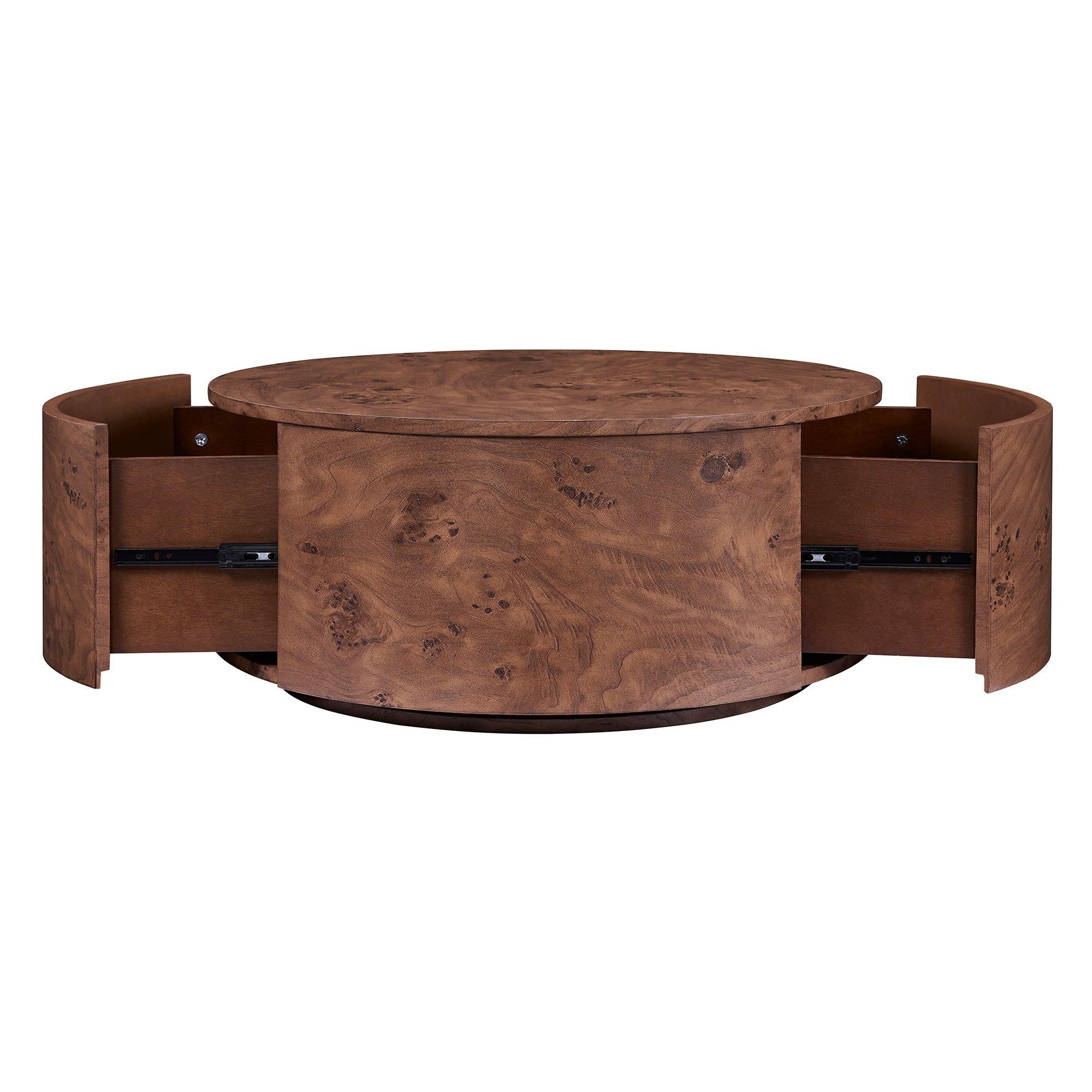 Burl Wood Coffee Table with Drawers - 360° Rotating Top.