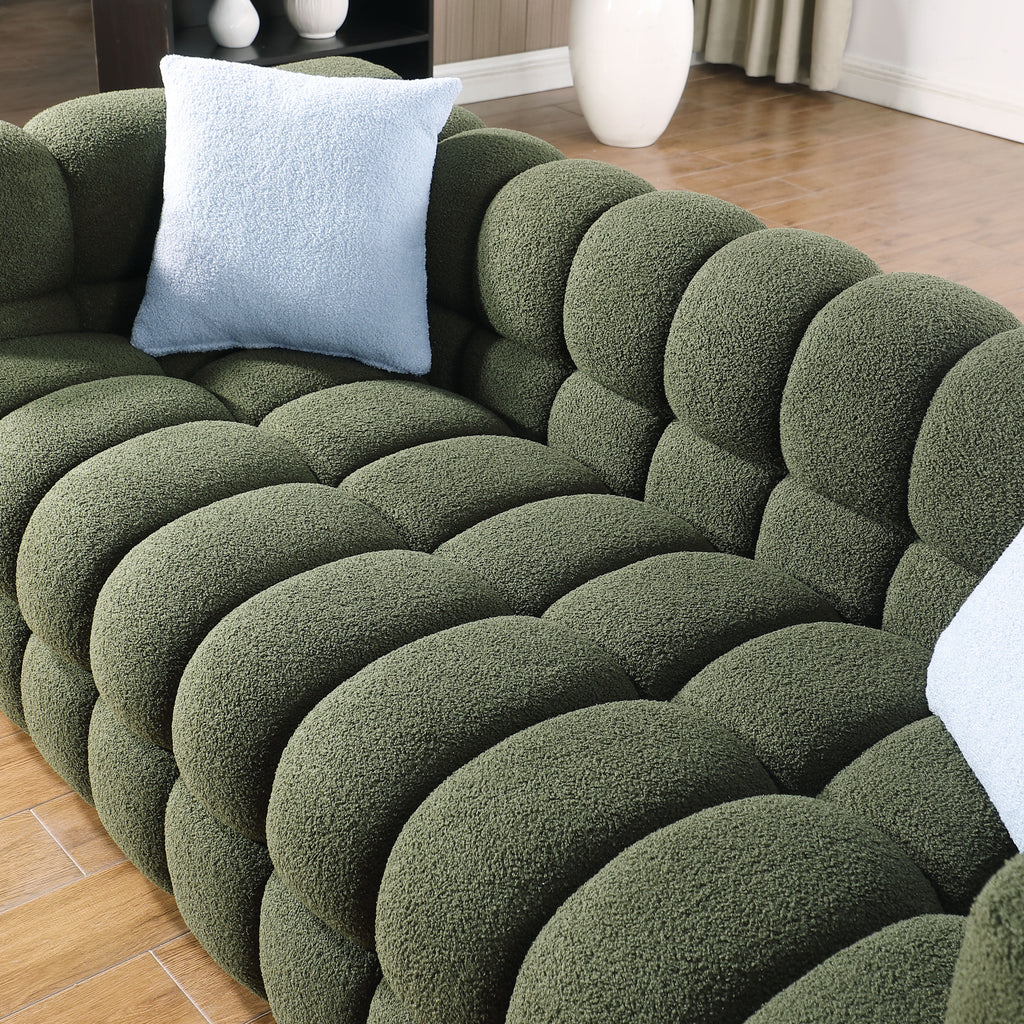 Close-up of Olive Green Boucle Sofa - 3 Seater, Marshmallow Cozy showing soft boucle fabric and deep cushioned seating.