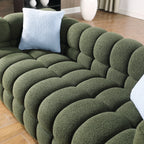 Close-up of Olive Green Boucle Sofa - 3 Seater, Marshmallow Cozy showing soft boucle fabric and deep cushioned seating.