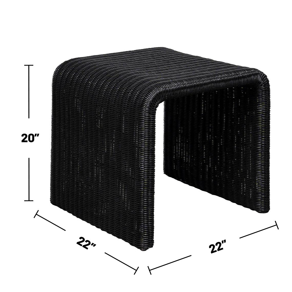 Woven Rattan Square End Table in black with dimensions 22x22x20 inches, highlighting its compact and functional size for small spaces.
