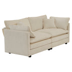 Angled view of 2-seat beige chenille sectional sofa unit. Plush cushions and soft fabric offer cozy seating.