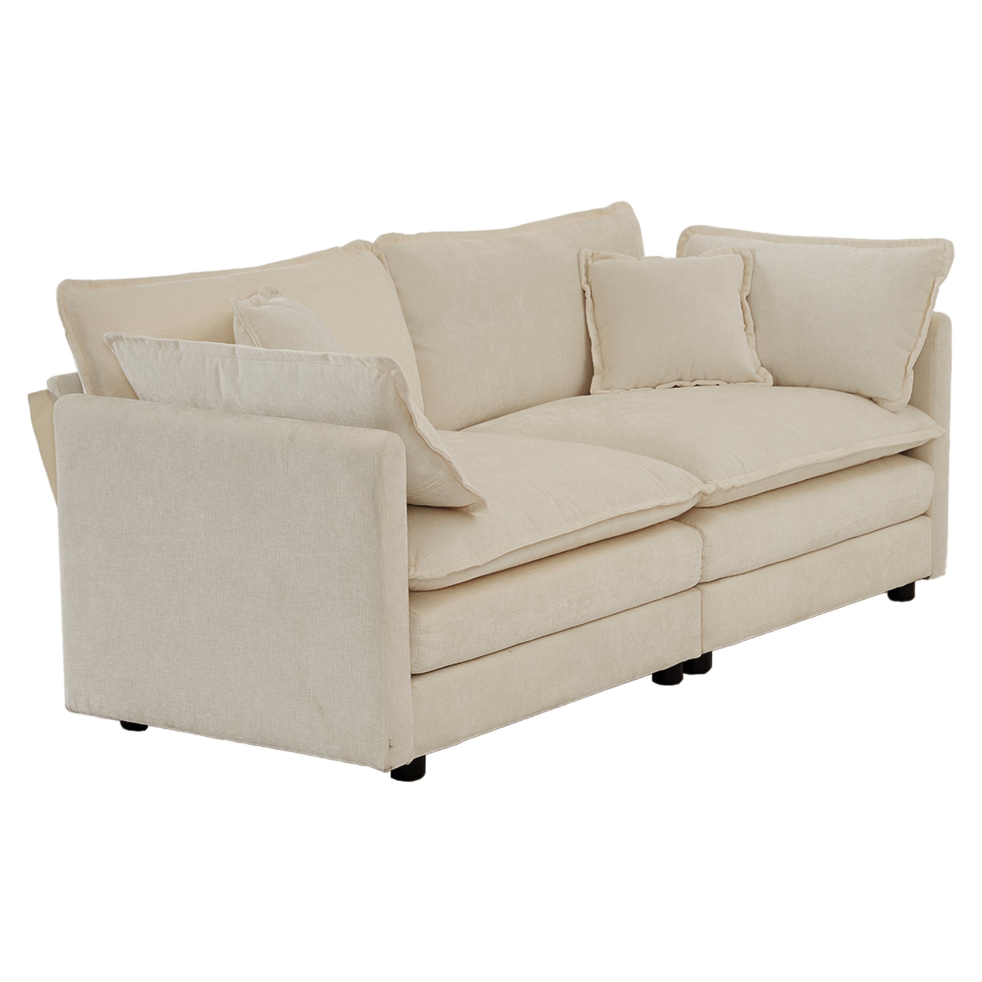 Angled view of 2-seat beige chenille sectional sofa unit. Plush cushions and soft fabric offer cozy seating.