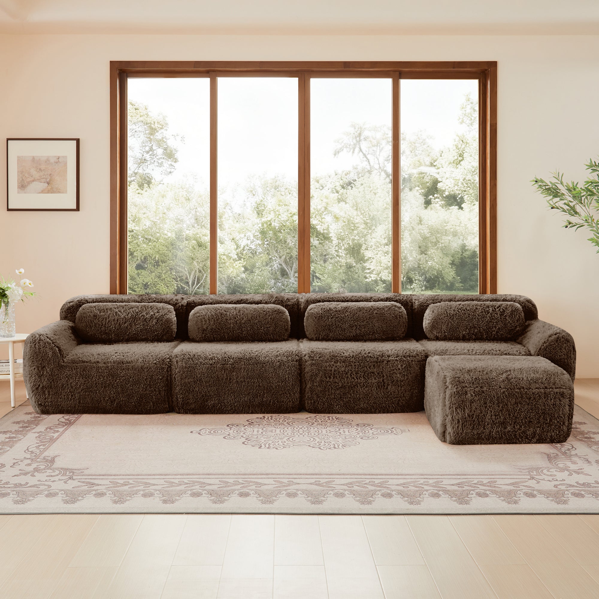 Spacious modular sectional sofa in chocolate plush fabric with no assembly, offering comfort and flexibility for large living spaces.