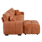 110' modular sectional sofa with ottoman in rust-colored boucle fabric, featuring plush cushions and pull-line seat design for modern living rooms.