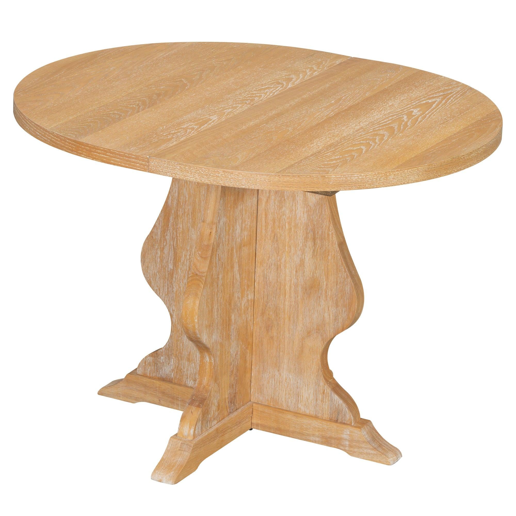 Farmhouse dining table set with rustic charm featuring a round natural wood wash table and pedestal base, ideal for cozy dining spaces.