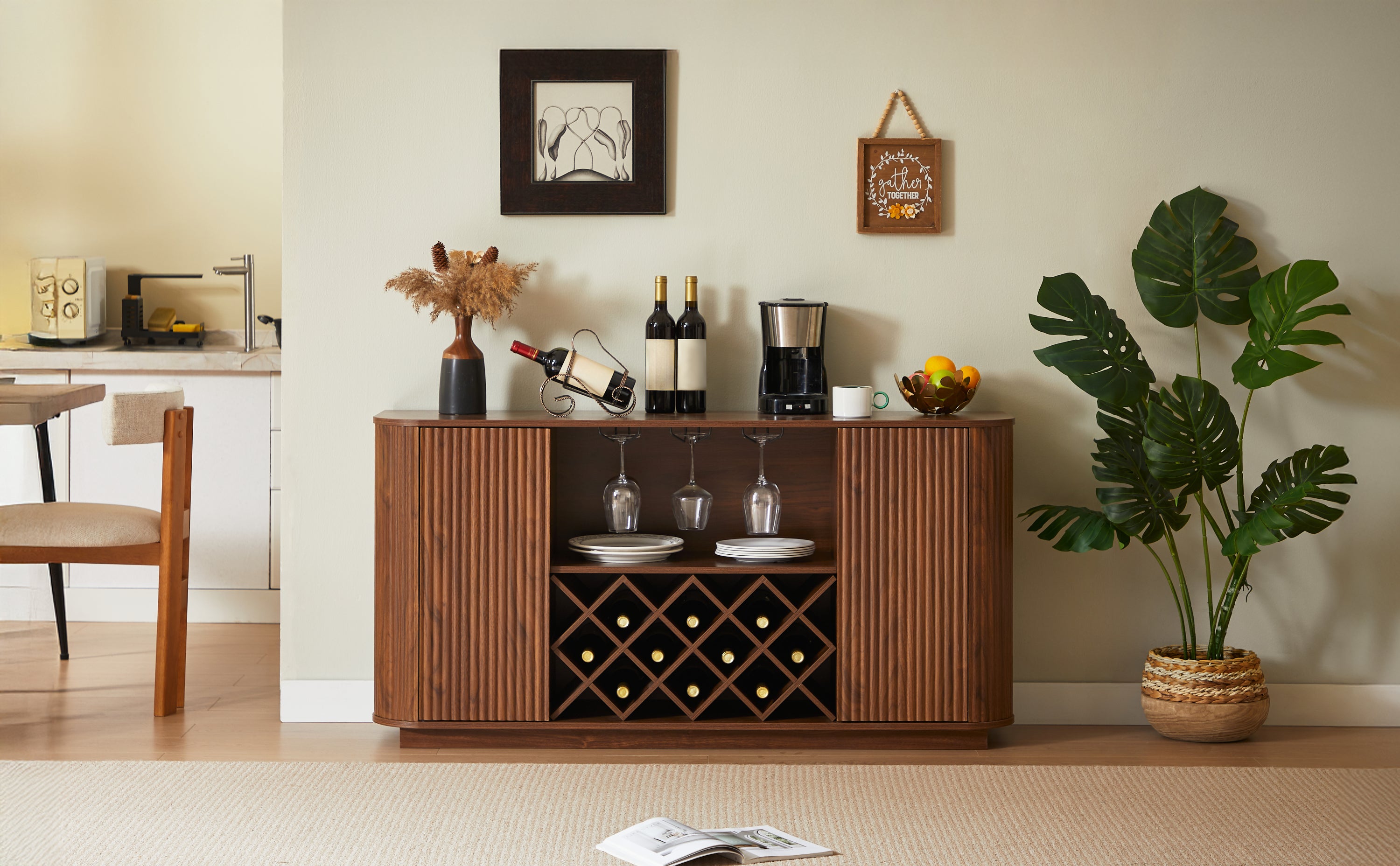 Modern Wavy Curve Sideboard with Wine Rack and Storage