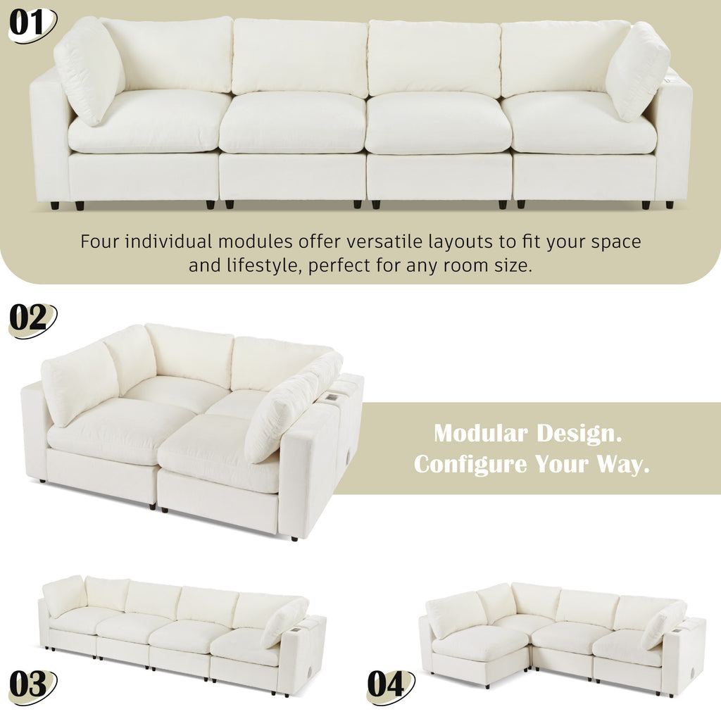 Modular Sofa with Charging - Storage | Chenille, 4 Seats shown in four configurations, emphasizing its modular design and layout versatility.