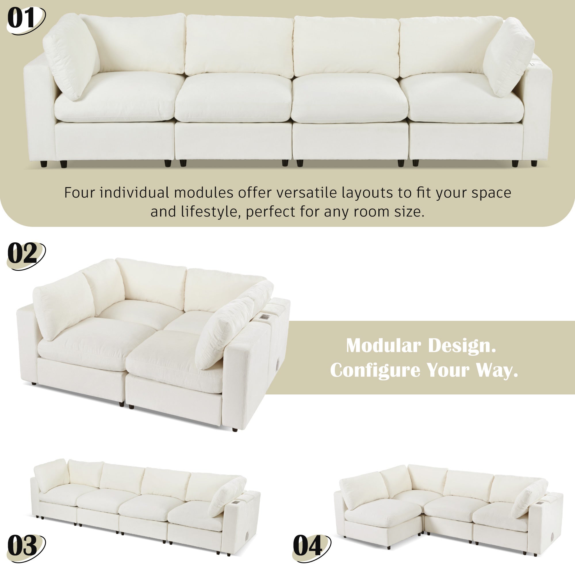 Modular Sofa with Charging - Storage | Chenille, 4 Seats shown in four configurations, emphasizing its modular design and layout versatility.