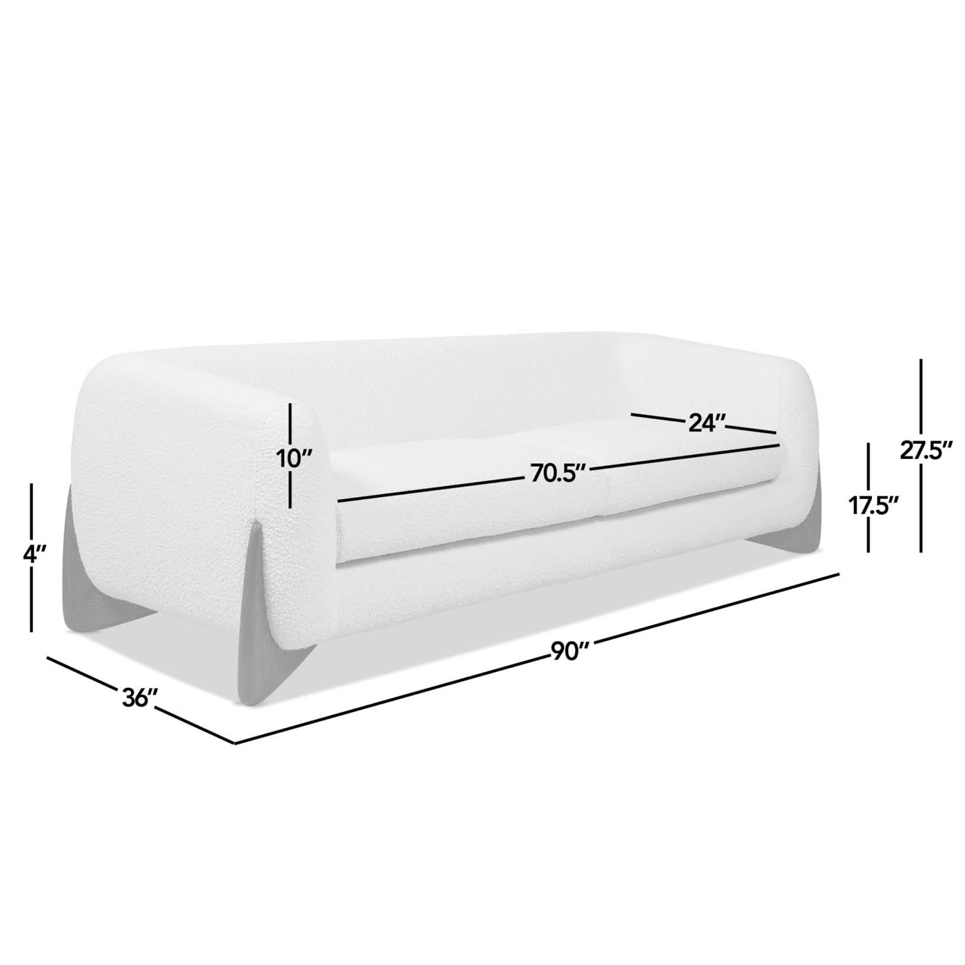 Dimension diagram of Alpine Sherpa Sofa Ivory White showing measurements for seat depth, width, and overall size.