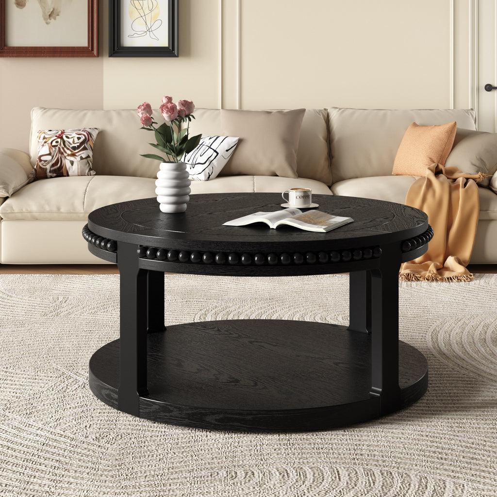 31.5 Inch Solid Wood Round Coffee Table for Living Room,2-Tier Rustic Wood Desktop with Storage Shelf Modern Design Home Furniture (Black)