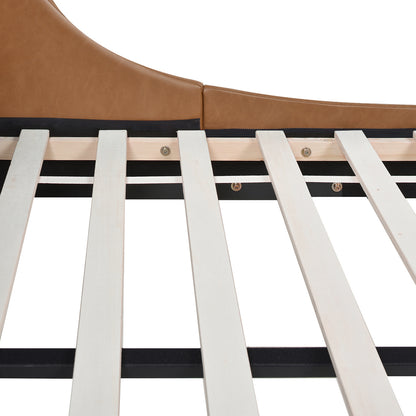Detail view of wooden slat support system on Aspen king faux leather platform bed frame, showing sturdy construction.