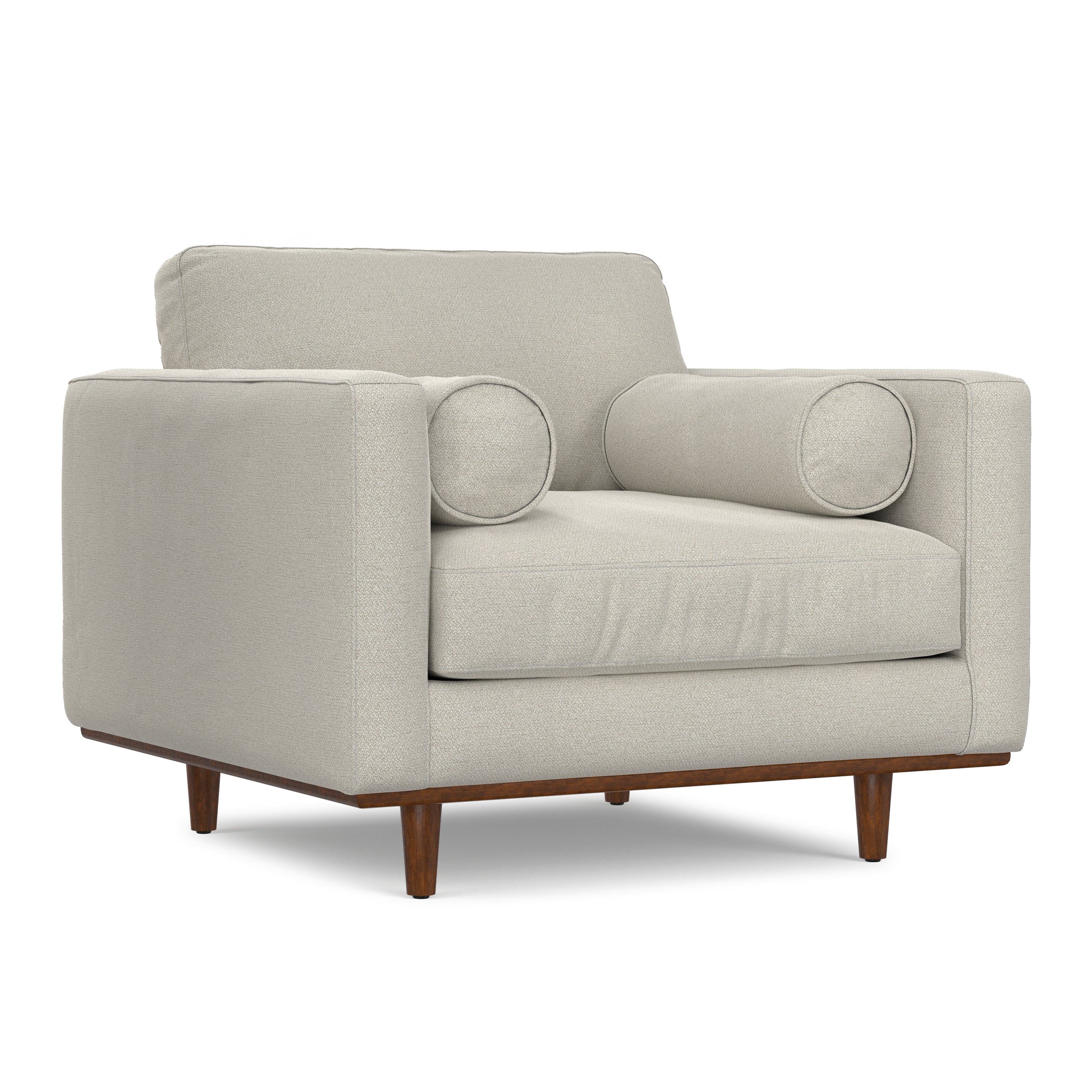 Angled view of Modern Armchair Cream White - Morrison Collection showing full structure, bolster pillows, and wood base.
