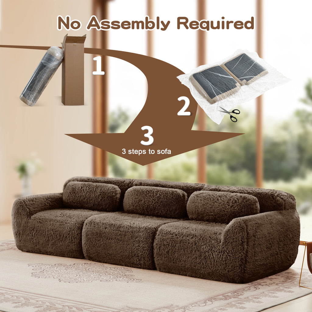 No assembly required setup for 114'' modular sofa - chocolate shown in three simple steps for quick installation.