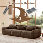 No assembly required setup for 114'' modular sofa - chocolate shown in three simple steps for quick installation.