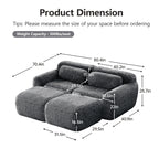 Plush Modular Sofa Dark Grey with Ottoman & Pillows featuring detailed product dimensions and 300lbs weight capacity per seat.