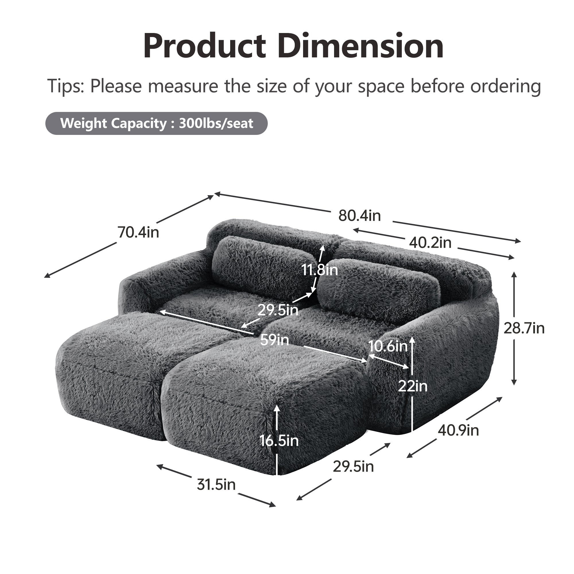 Plush Modular Sofa Dark Grey with Ottoman & Pillows featuring detailed product dimensions and 300lbs weight capacity per seat.