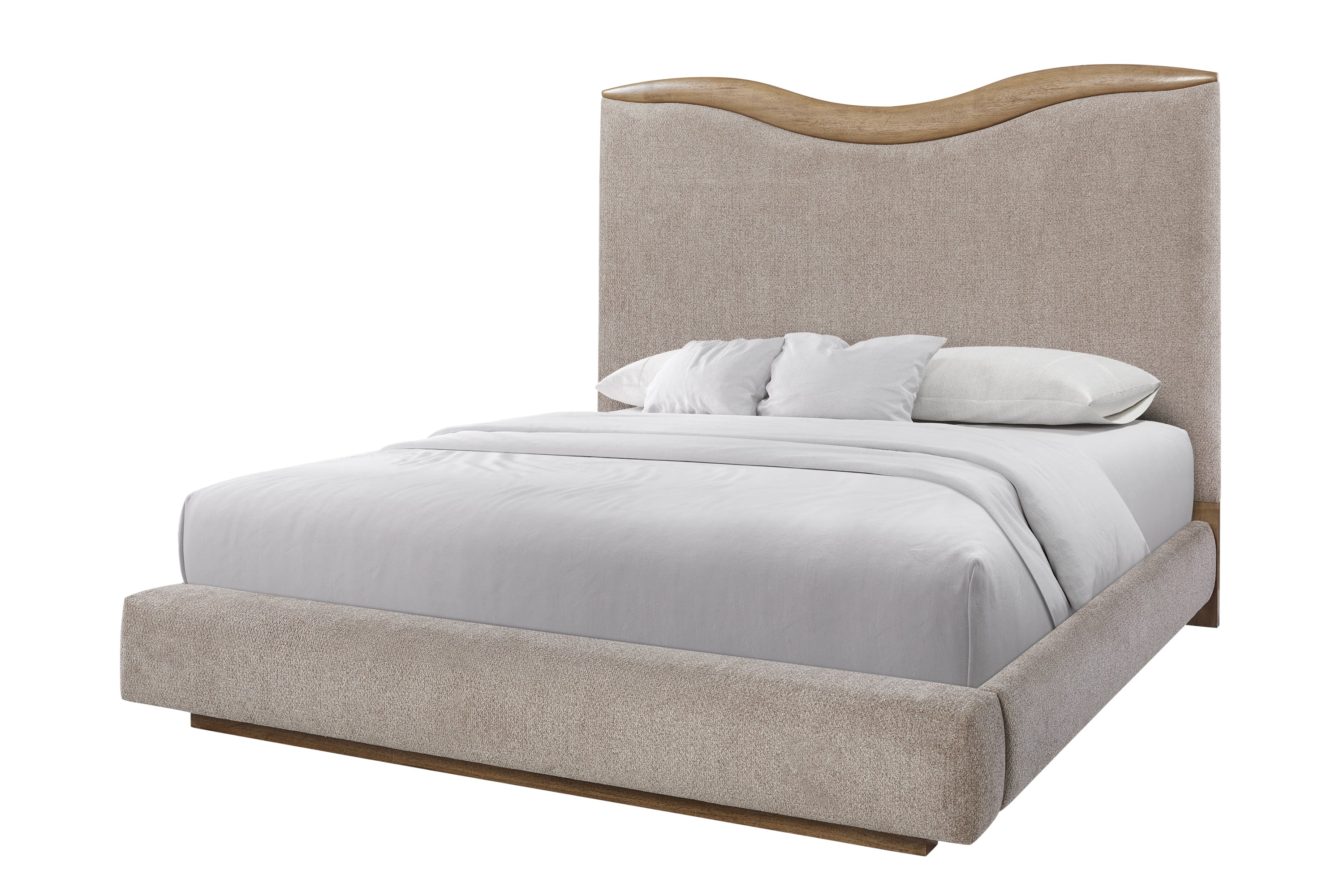 Side angle of upholstered queen bed with curved headboard and beige fabric frame, blending comfort and style for modern interiors.