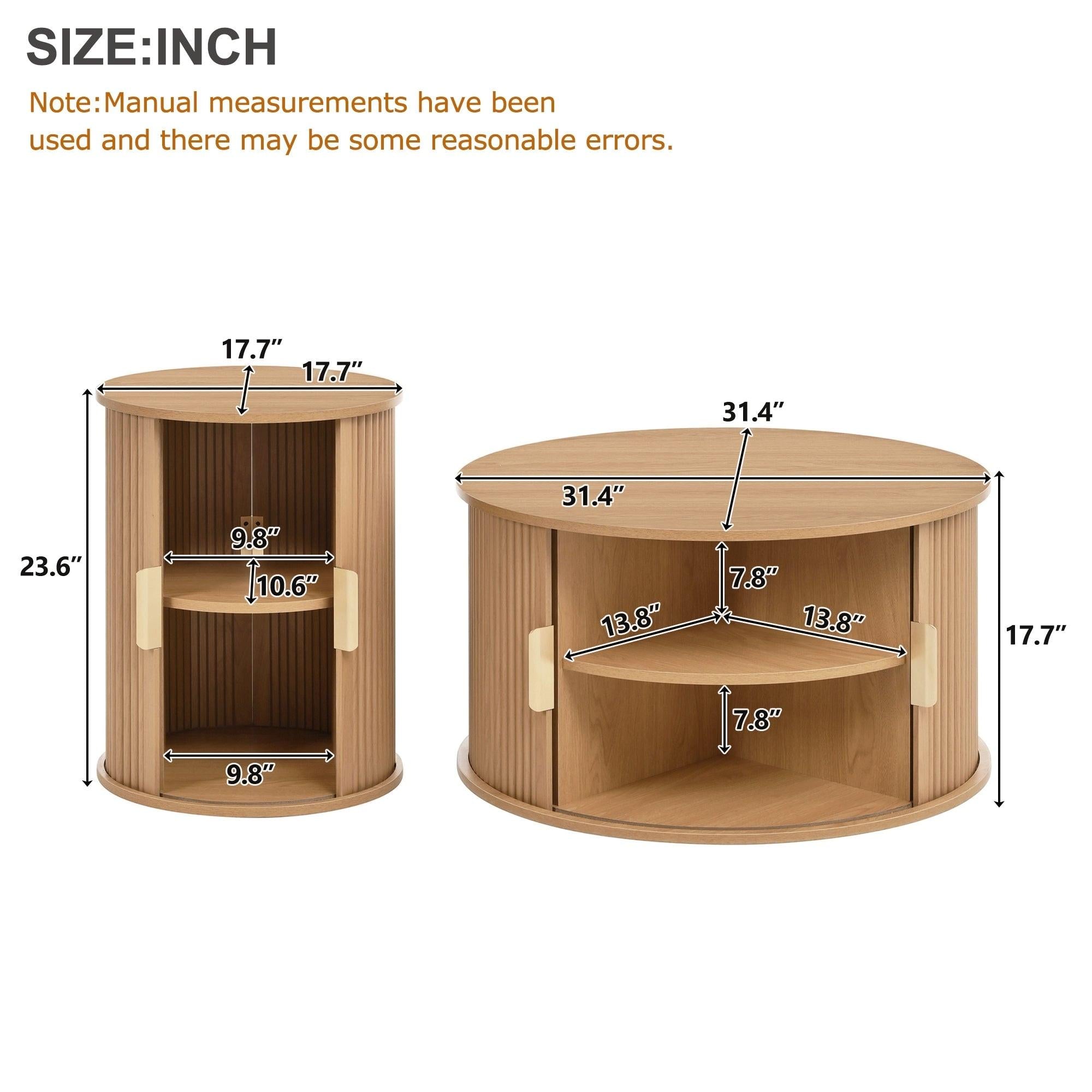 [Assembly Video]Mid-Century Coffee Table Set with Sliding Tambour Door, Round Fluted End Table With Storage, Golden Handle Tall & Low Side Table with Wooden Finish for Living Room, Set of Two ,Natural.