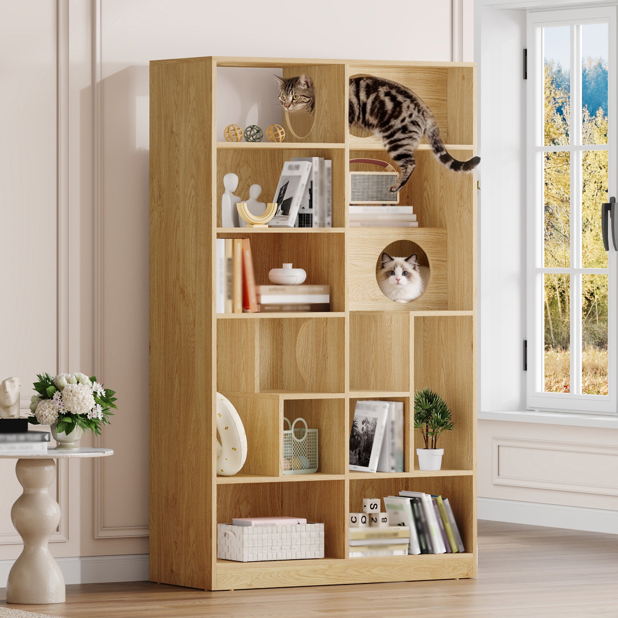Natural Wood 2-in-1 Bookshelf and Cat House with Storage