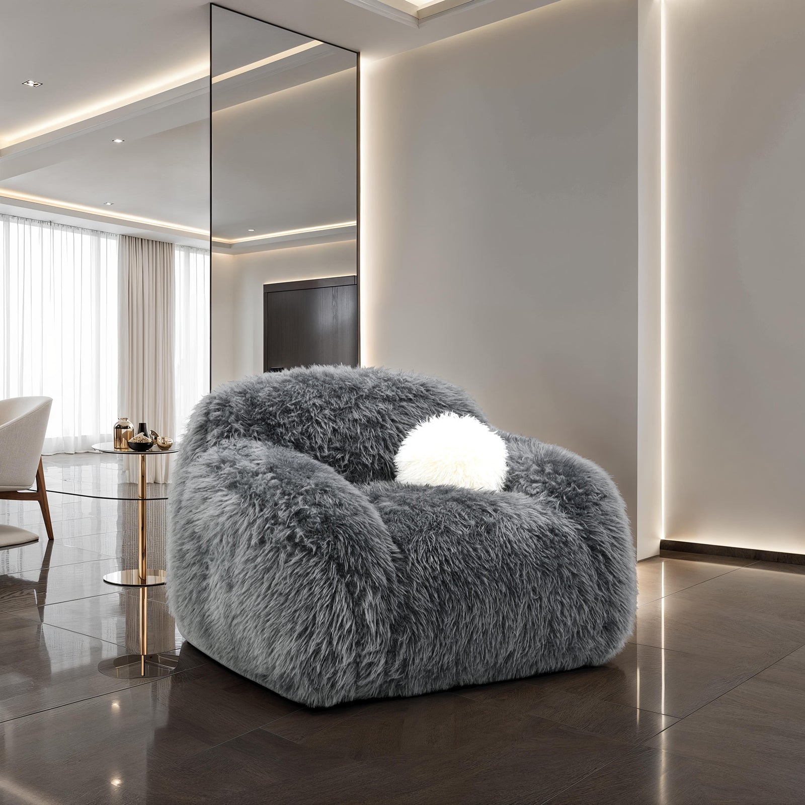 Dark Gray Accent Swivel Chair with faux fur texture and white pillow in a modern living room. Luxury comfort seating for contemporary interiors.