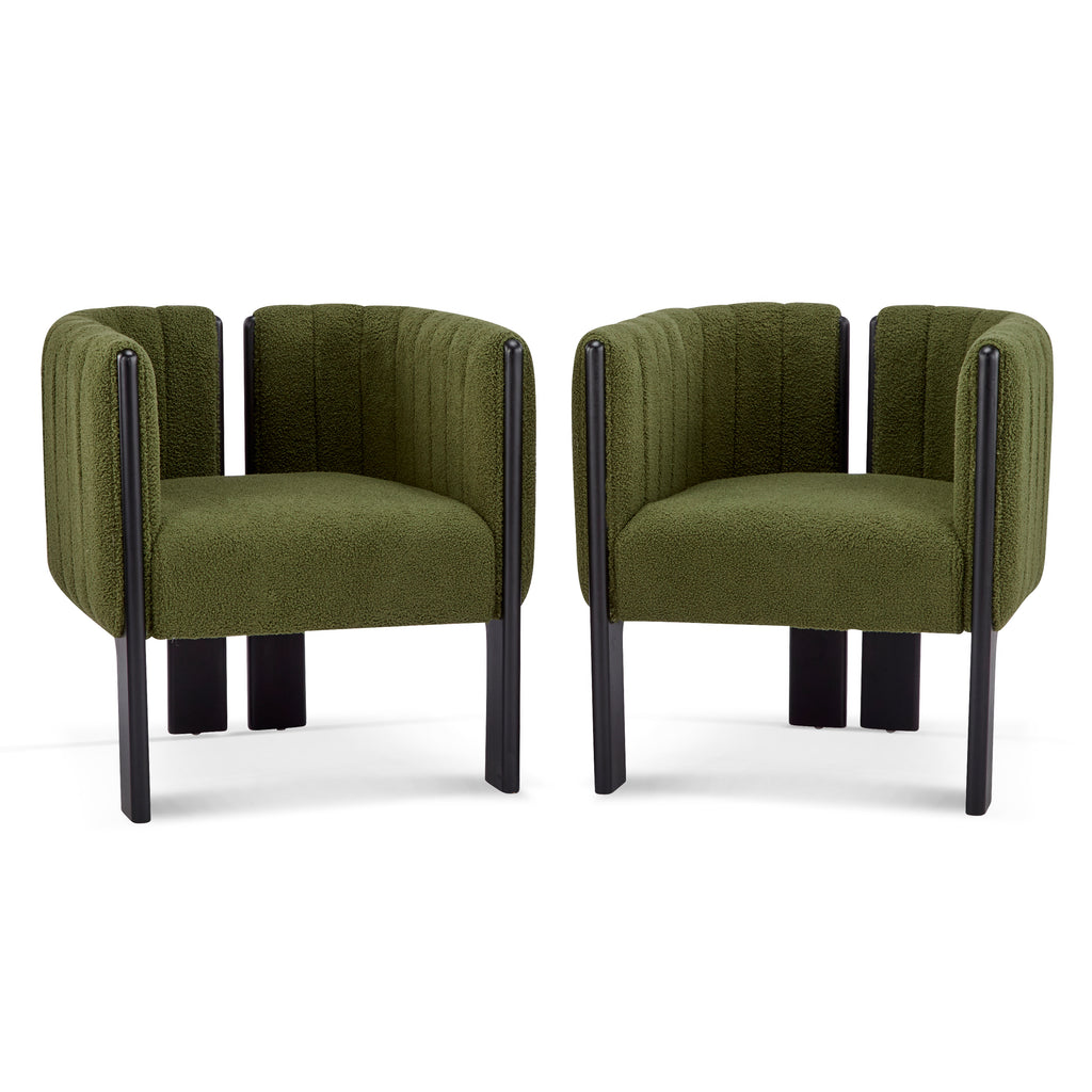 Dining chairs set with olive green boucle fabric and black rubber wood legs, perfect for modern dining areas with chic, durable design.