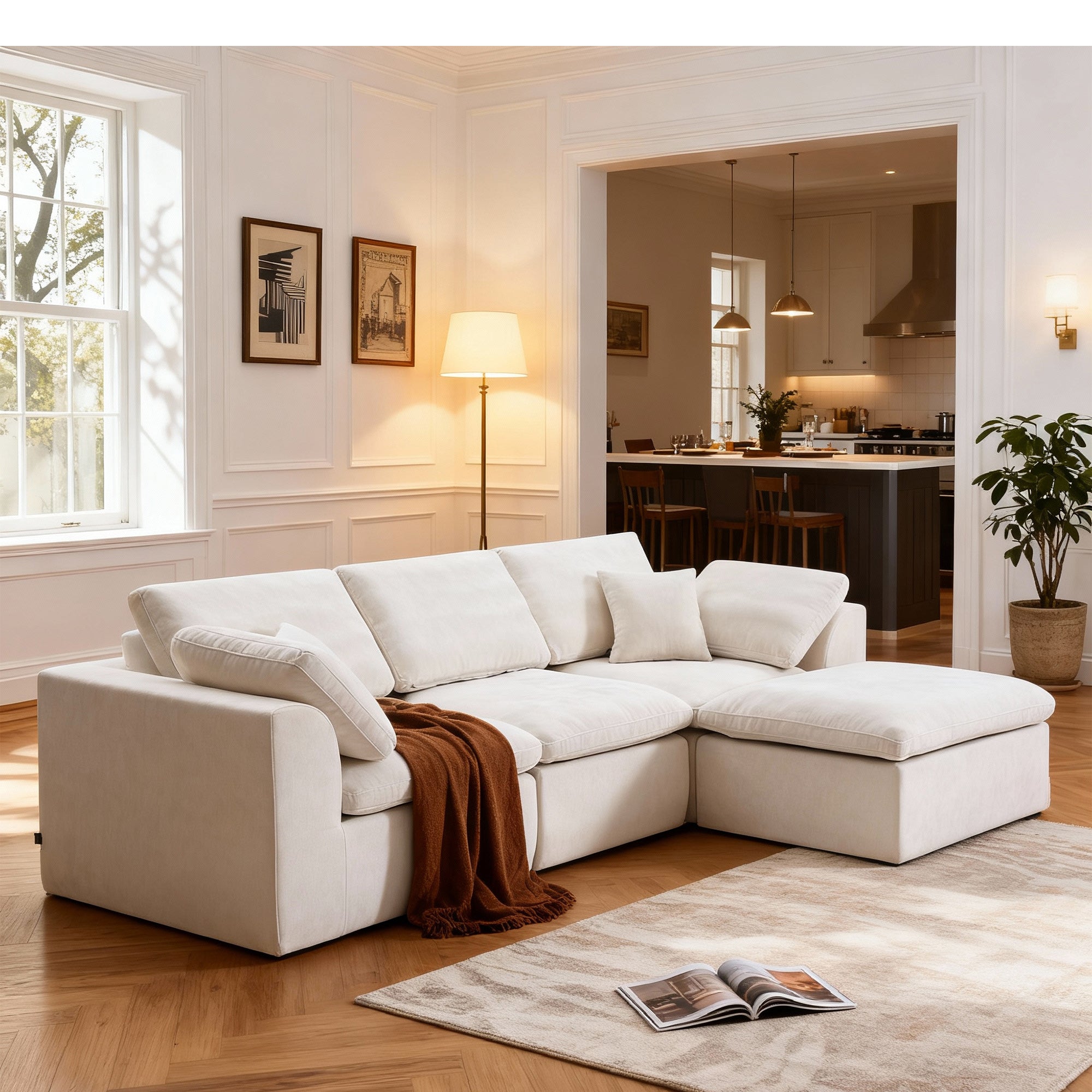 L-Shaped Sectional Sofa with Chaise Lounge in plush chenille fabric, ideal for modern living rooms with modular, space-saving design.