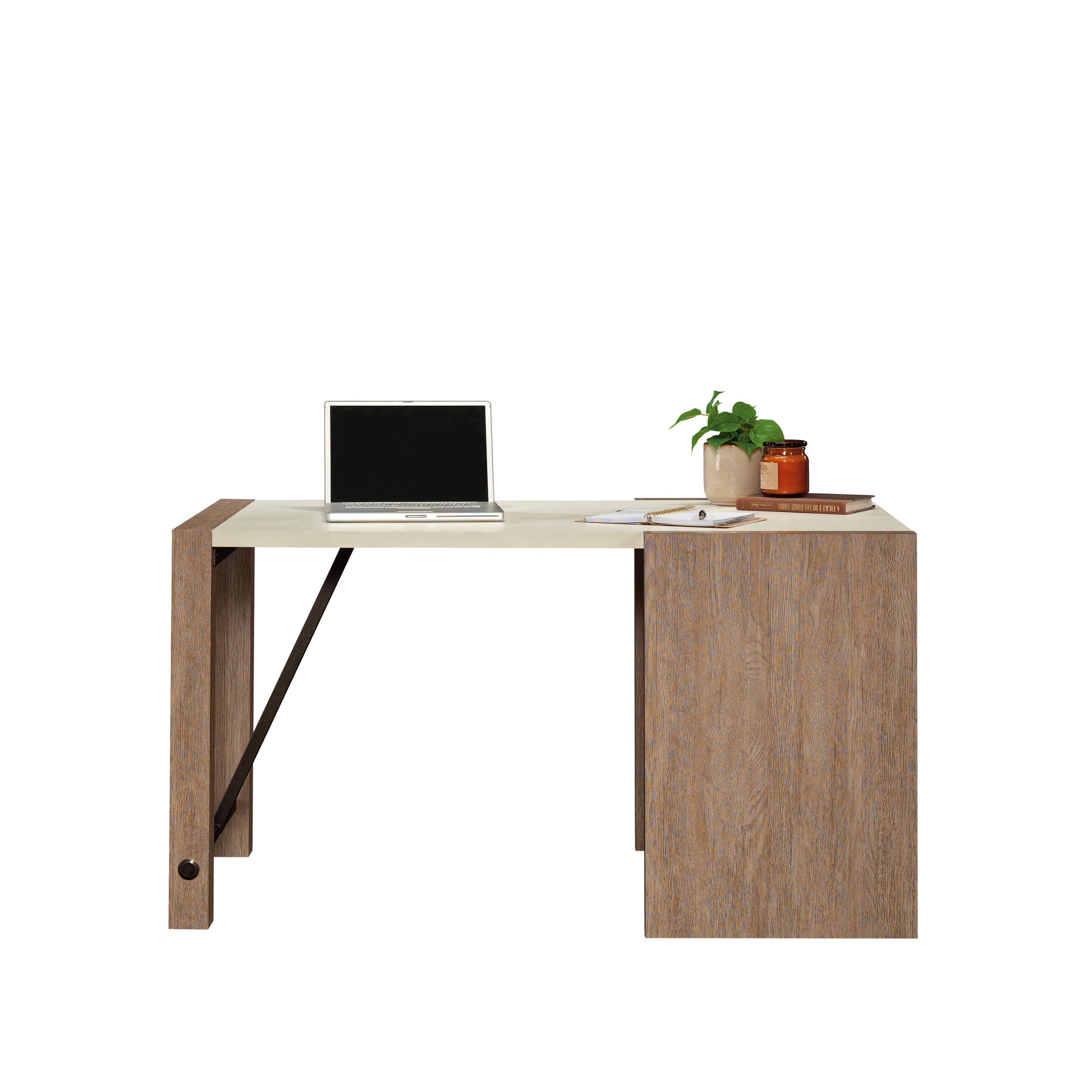 Front view of brown finish desk with white top and built-in shelving, perfect for a stylish and functional home office.