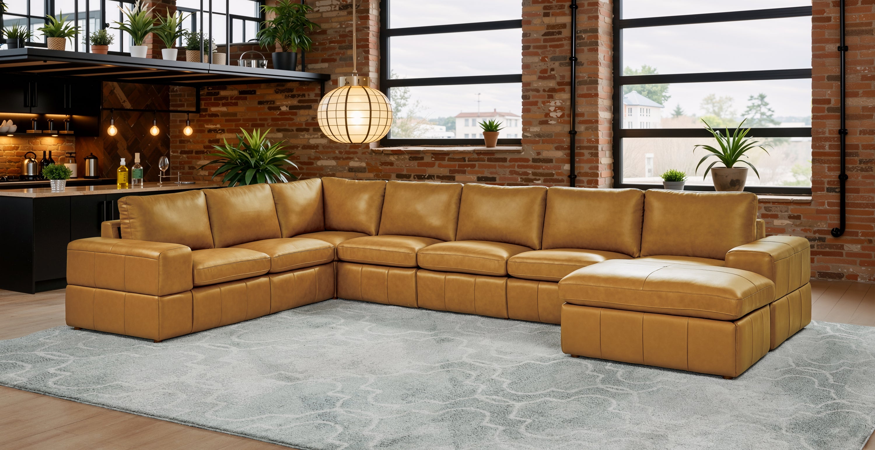 Ginger Leather Match 8-Seat Modular Sectional with Square Arms