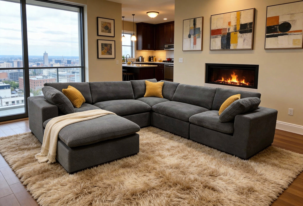Modern dark gray modular sectional sofa with yellow toss pillows, featuring textured fabric and a draped cream throw.