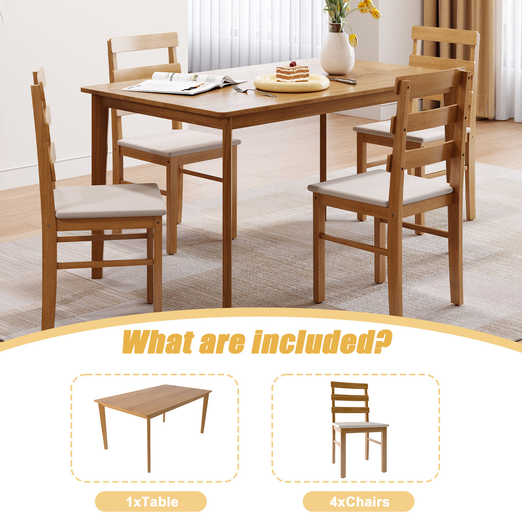 Package includes 1 solid wood dining table and 4 matching chairs. Ideal for family meals and gatherings in any dining space.