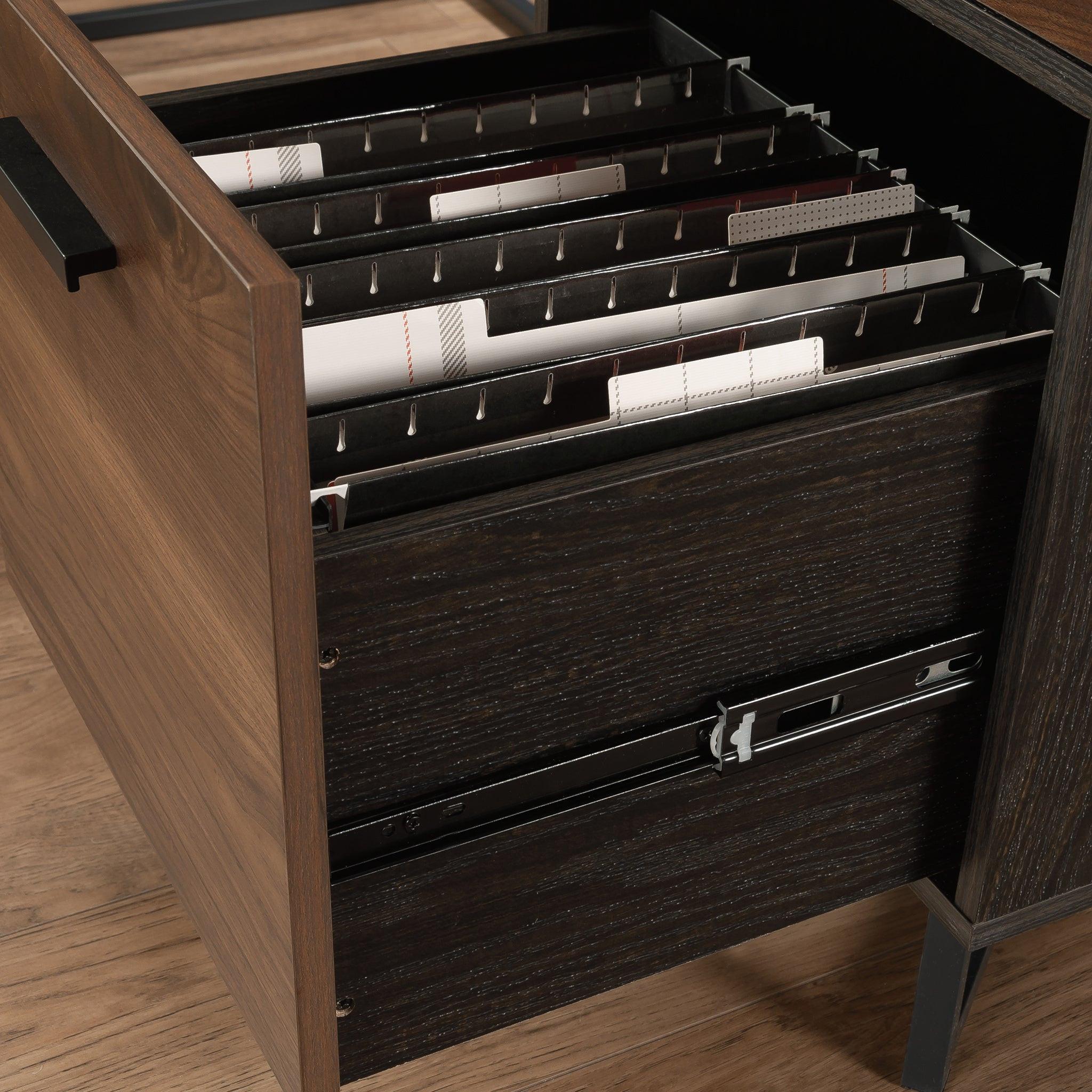 L-Shaped Desk with 2 Drawers and Cubbyholes.