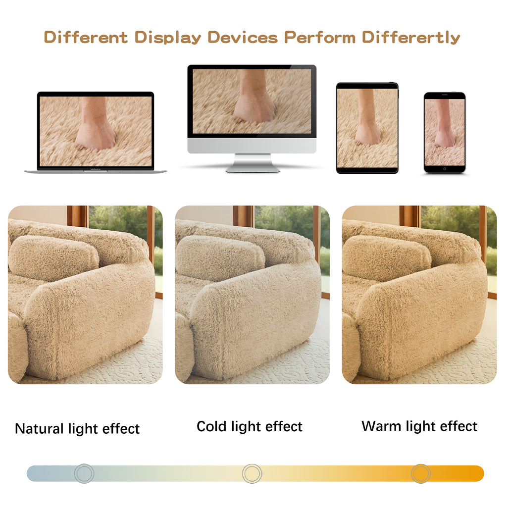 Color variation of Modular Plush Sofa - Light Khaki under different lighting conditions: natural, cold, and warm light.