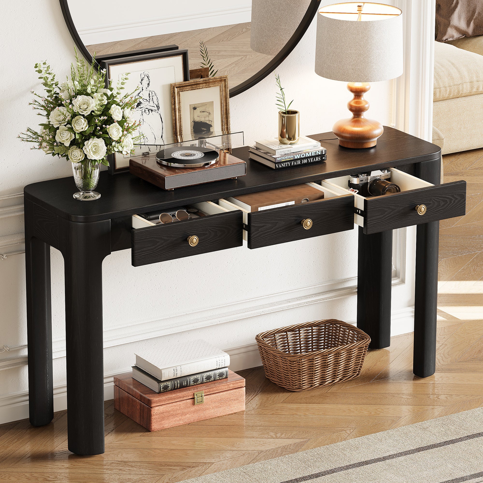TREXM rustic black console table with open storage drawers, showcasing interior space for organizing essentials in a living room.