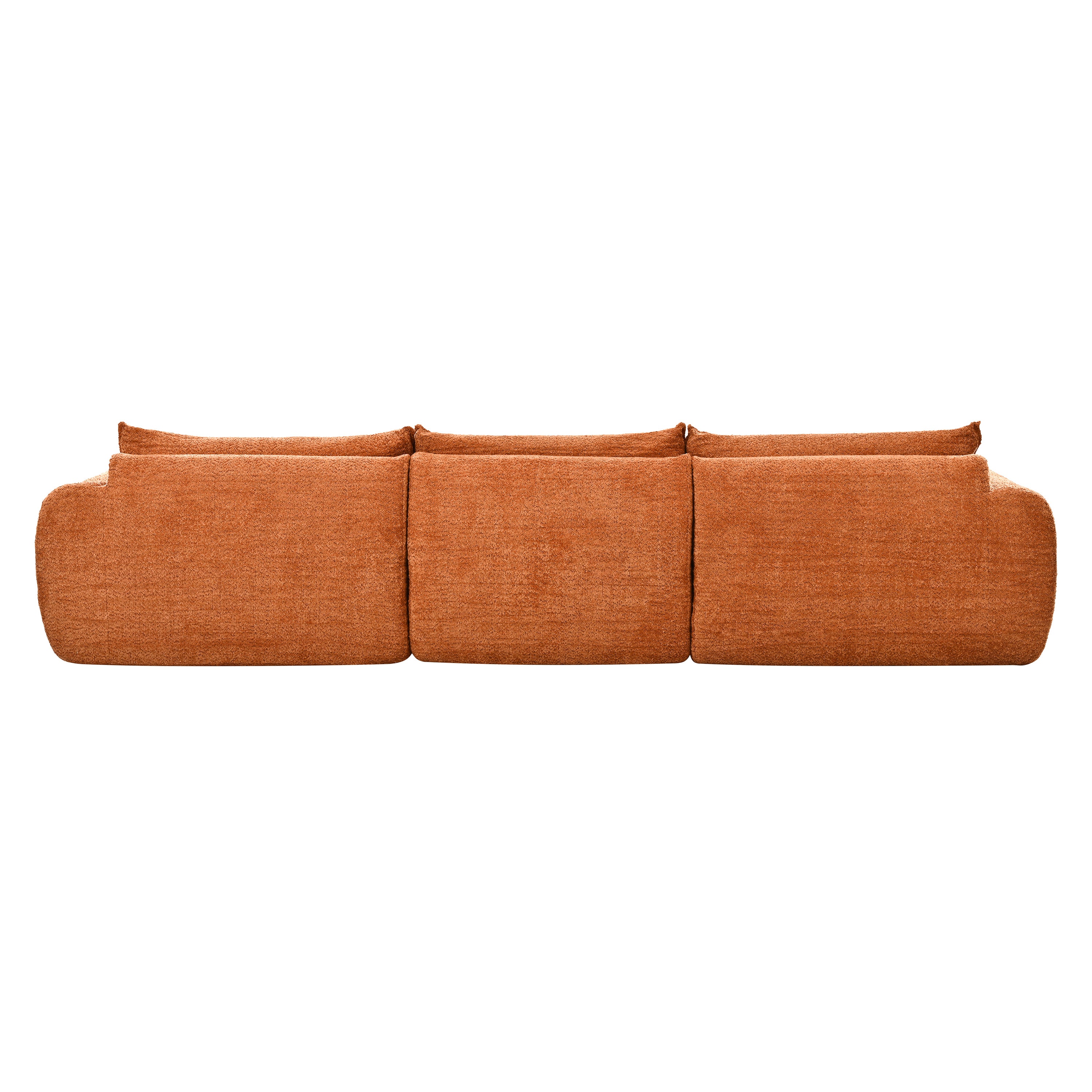 Back view of 116'' compressed sofa no assembly in burnt orange, designed with high density foam and a seamless, modern silhouette.