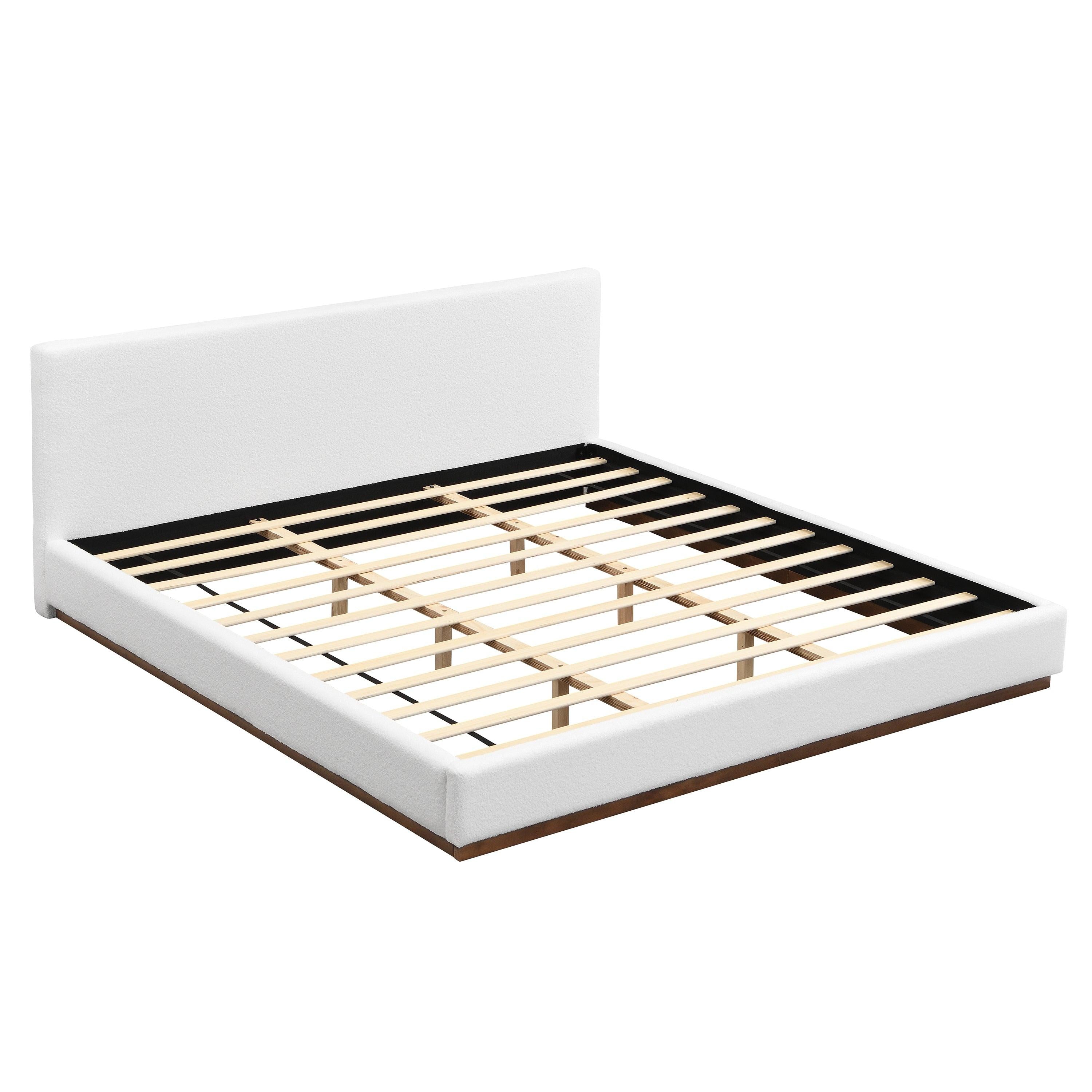 White Boucle Upholstered Bed - King Size with Solid Wood Frame.