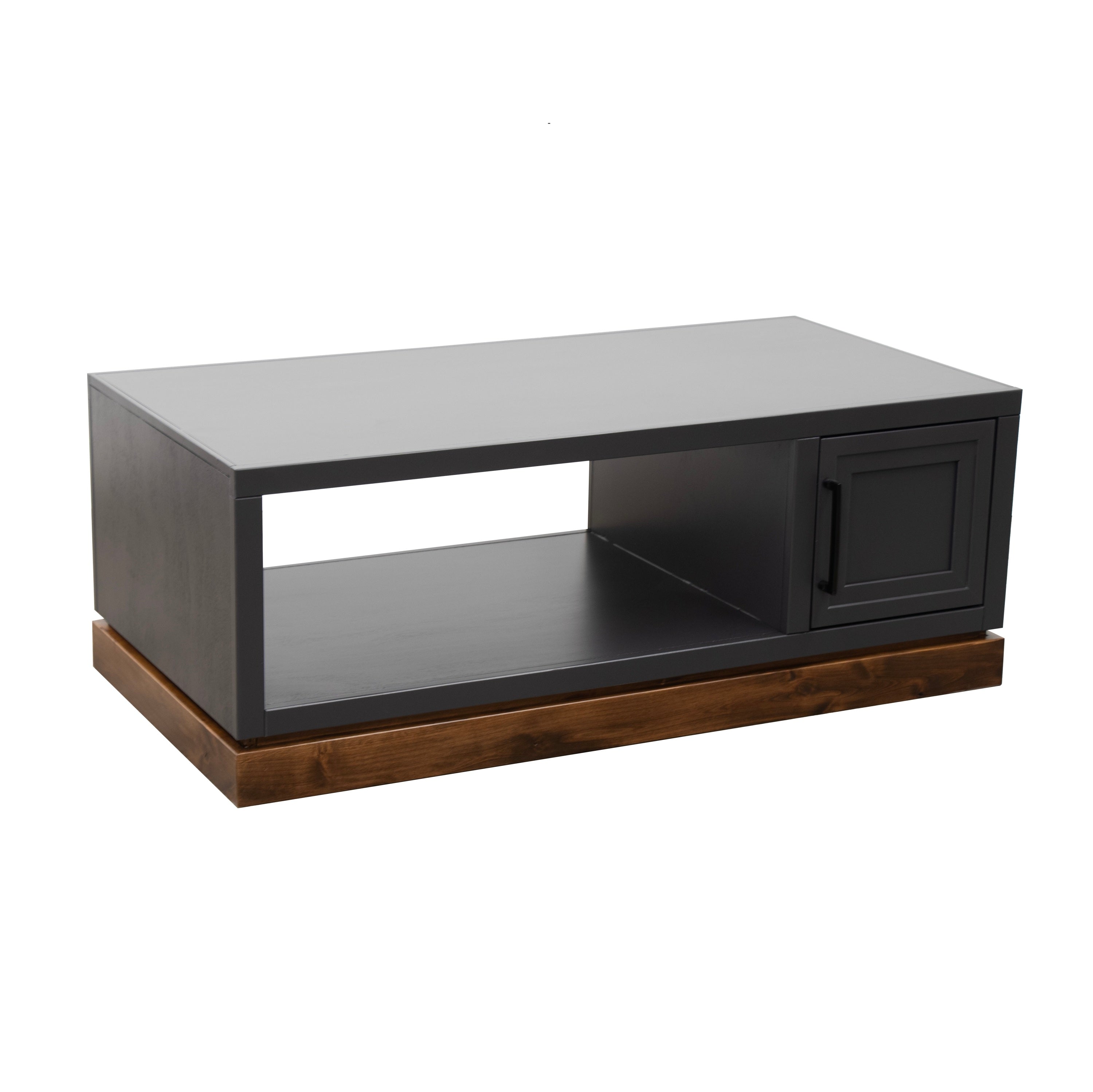 Nora 48 inch Coffee Table with black and whiskey finish shown at an angle, showcasing modern design and functional storage space.