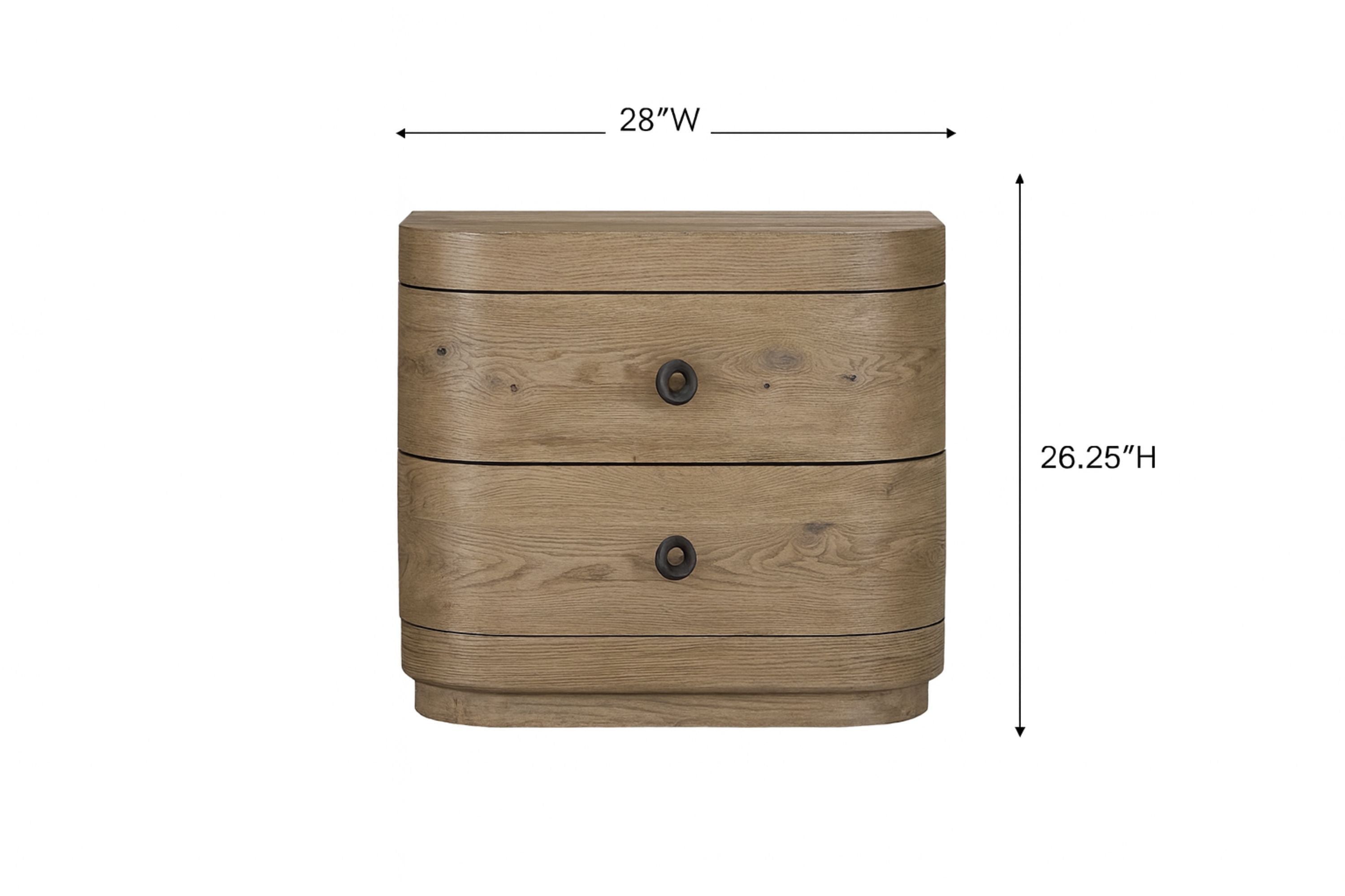 Solid wood 2-drawer oak nightstand with USB, measuring 28x18x26.25 inches, shown with labeled dimensions for bedroom furniture shopping.