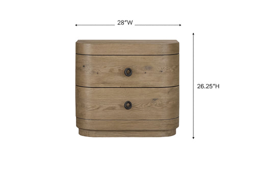 Solid wood 2-drawer oak nightstand with USB, measuring 28x18x26.25 inches, shown with labeled dimensions for bedroom furniture shopping.