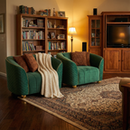 Retro Green Armchair with Gold Trim for Stylish Living Room.