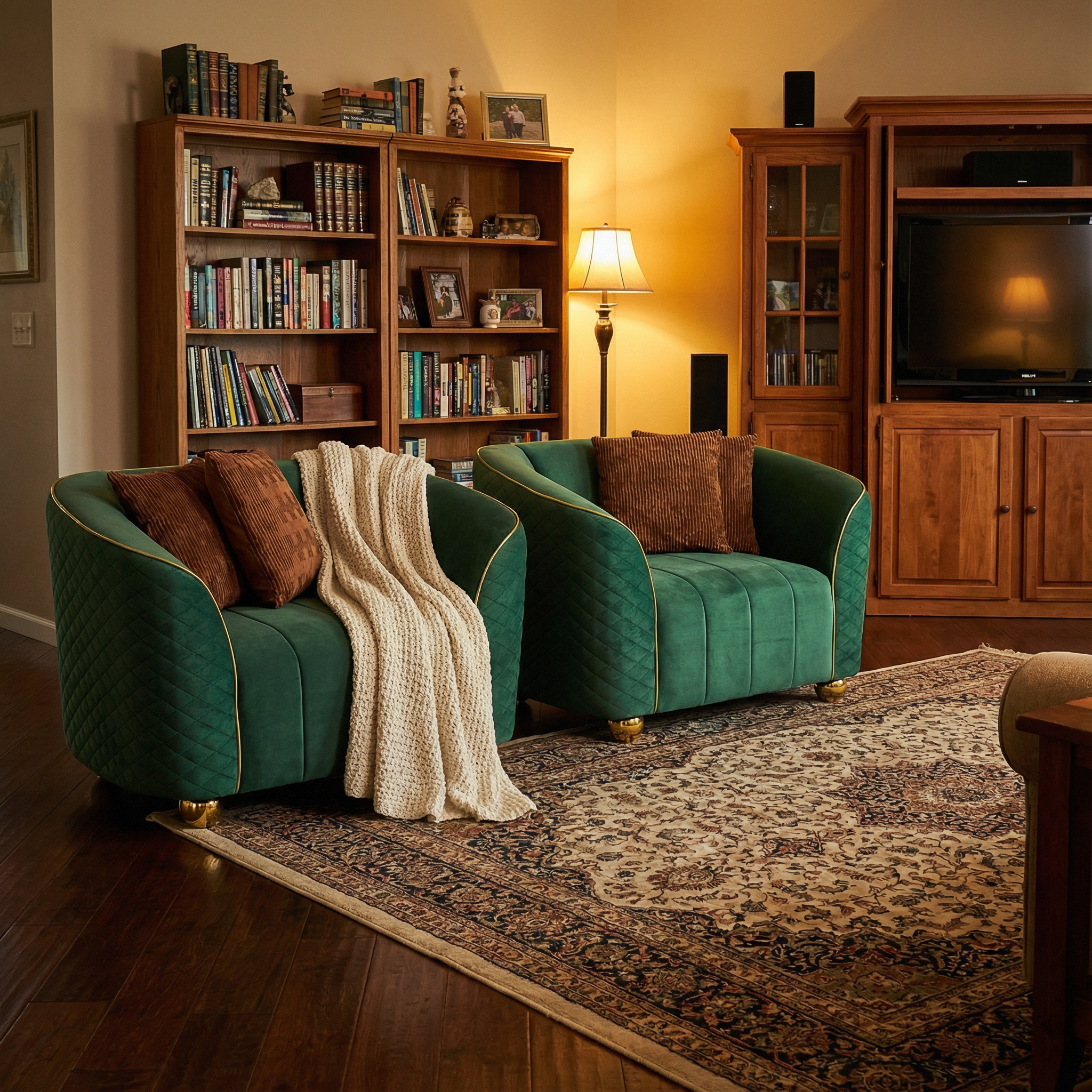 Retro Green Armchair with Gold Trim for Stylish Living Room.