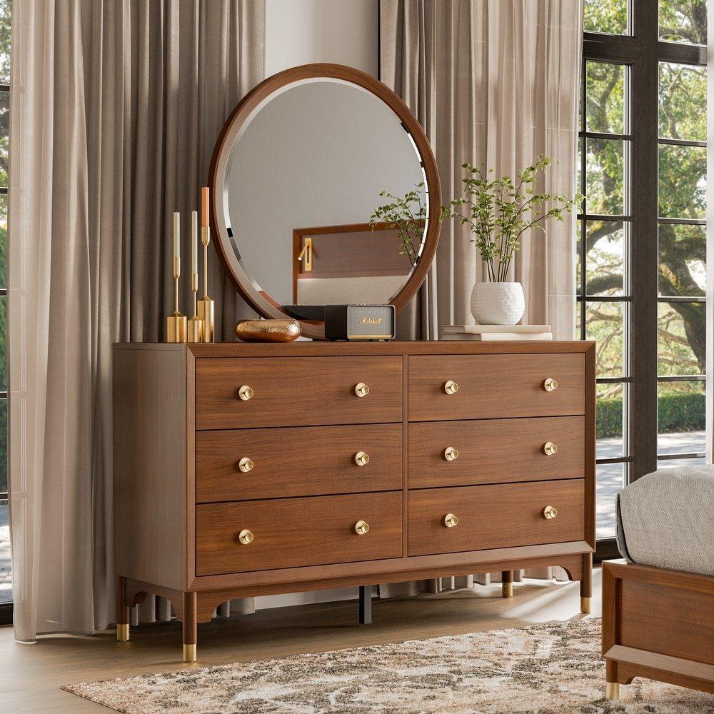 Walnut 6-Drawers Dresser with Gold-Capped Legs.