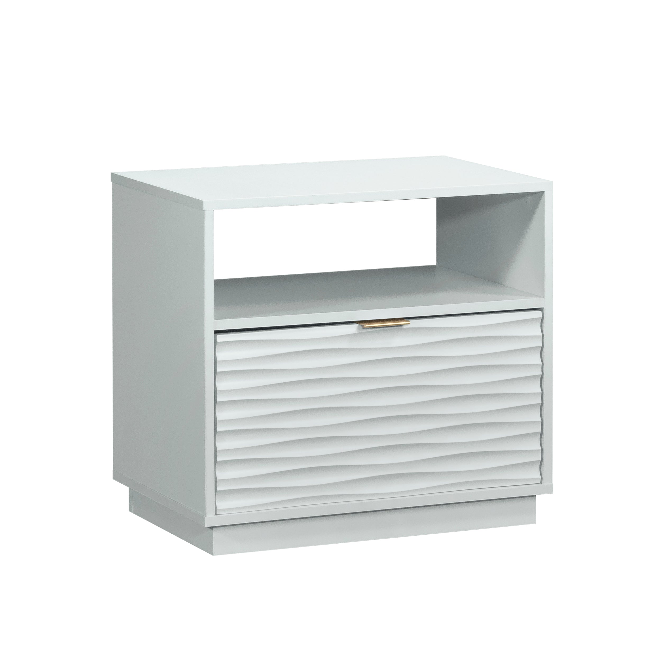 Coastal White Nightstand with drawer and open shelf, featuring a textured front and modern design. Ideal for small bedroom spaces and storage needs.