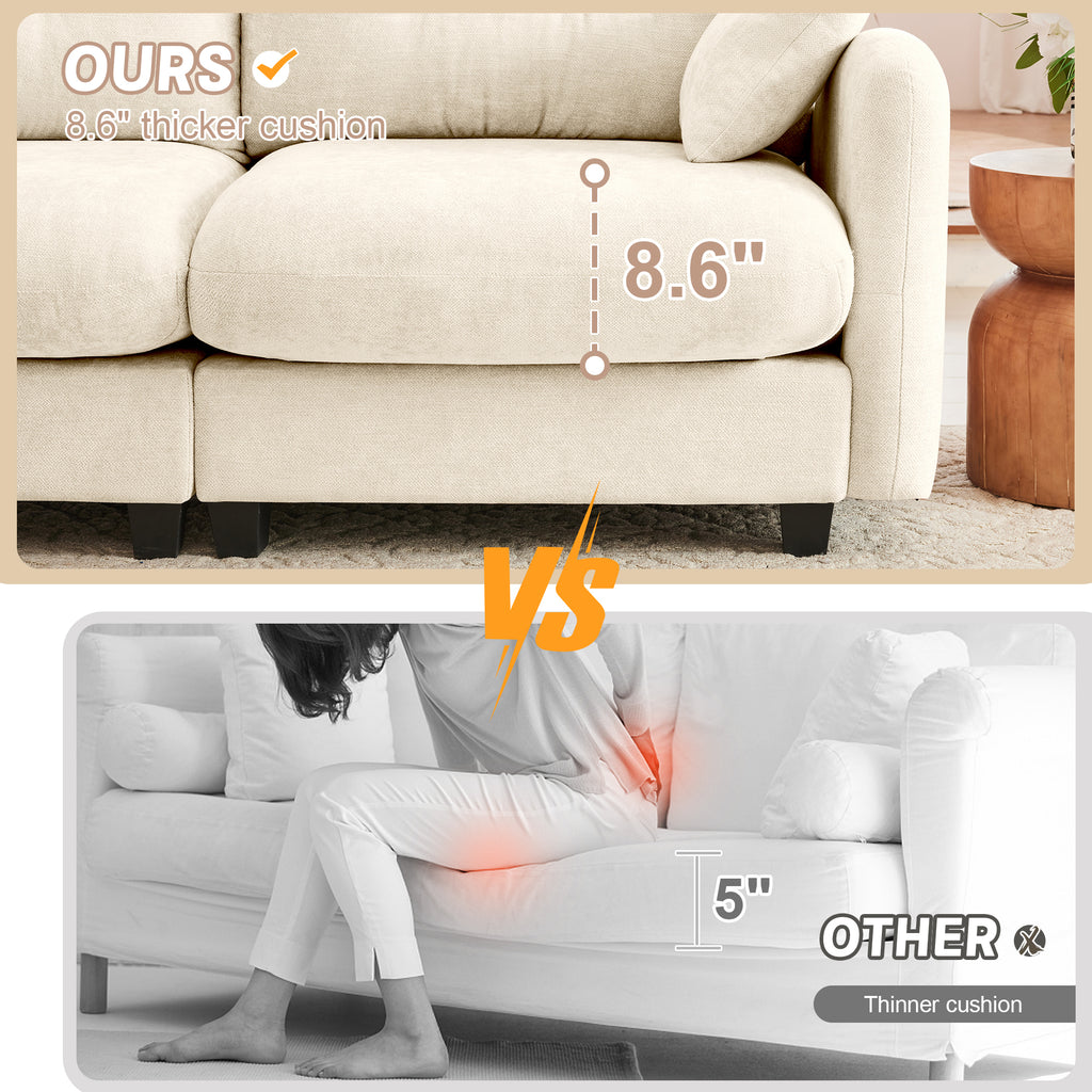 Comparison of 8.6-inch thick cushion on chenille modular sofa vs thinner 5-inch cushion on other couches, emphasizing superior comfort.