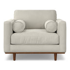 Front view of Modern Armchair Cream White - Morrison Collection featuring plush cushions, bolster pillows, and tapered wood legs.
