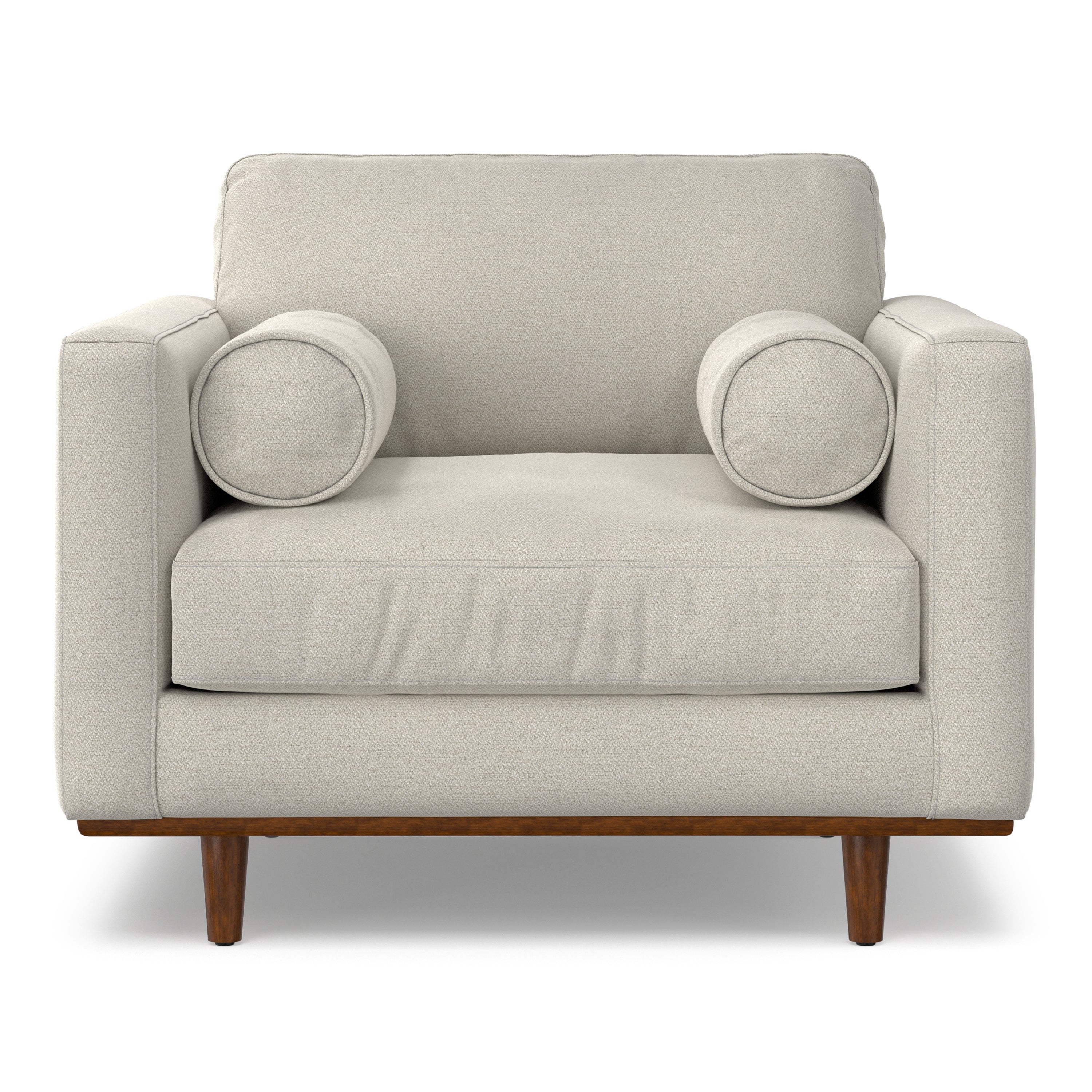 Front view of Modern Armchair Cream White - Morrison Collection featuring plush cushions, bolster pillows, and tapered wood legs.