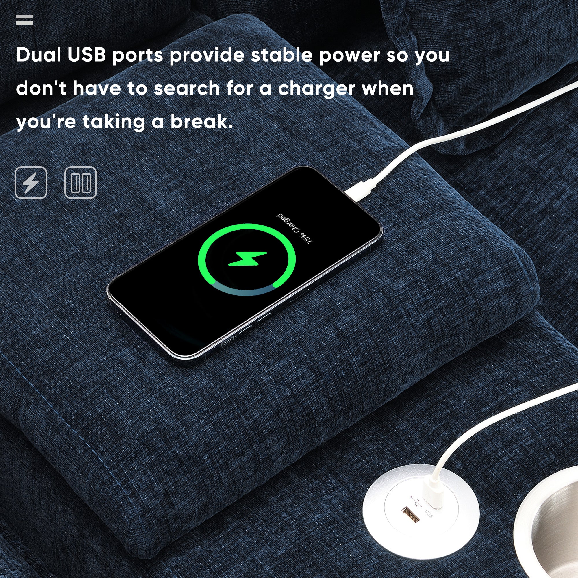 Dual USB ports on U-shaped sectional sofa console provide convenient charging for phones and devices while relaxing in the living room.
