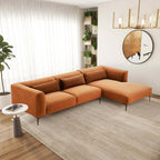 Burnt orange, right-facing L-shaped velvet sectional sofa with a sleek, modern design and black metal legs.