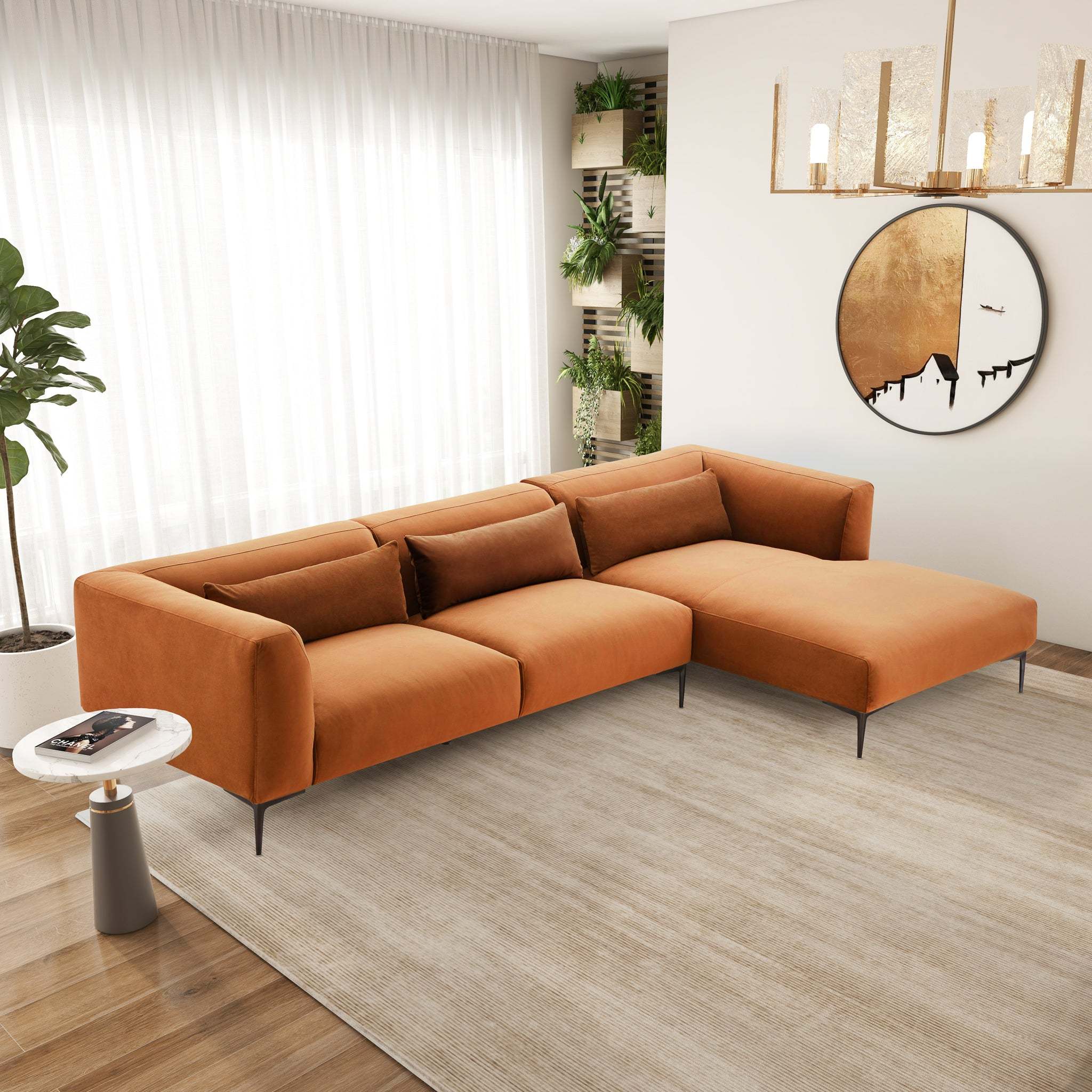 Burnt orange, right-facing L-shaped velvet sectional sofa with a sleek, modern design and black metal legs.