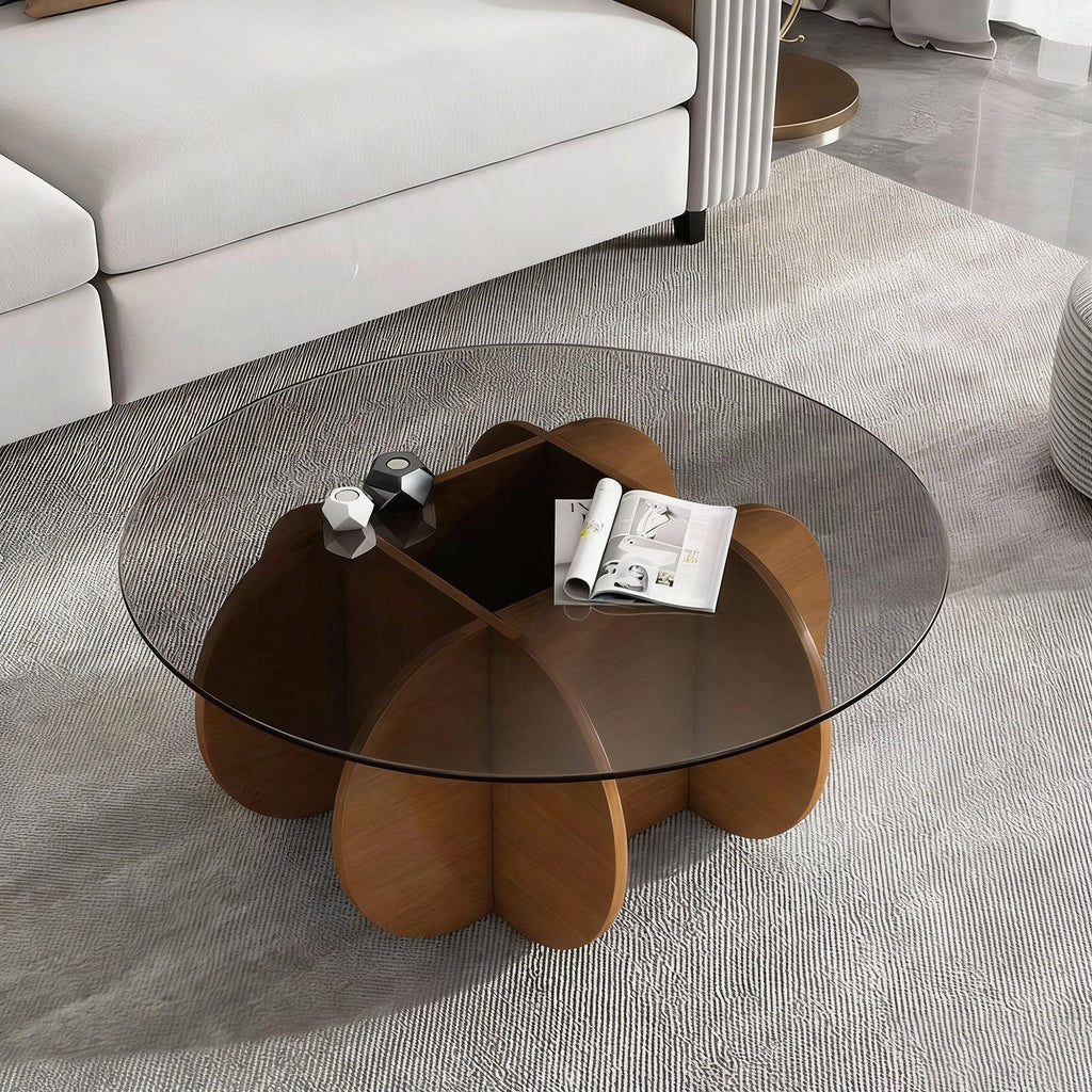 Modern Round Coffee Table - Walnut and Glass Design.